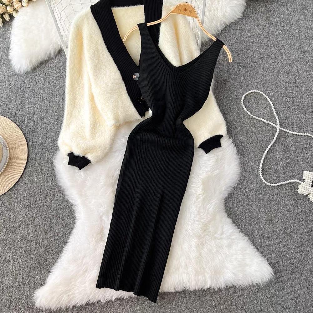 Zaisha Set of Dress and Cardigan In Beige