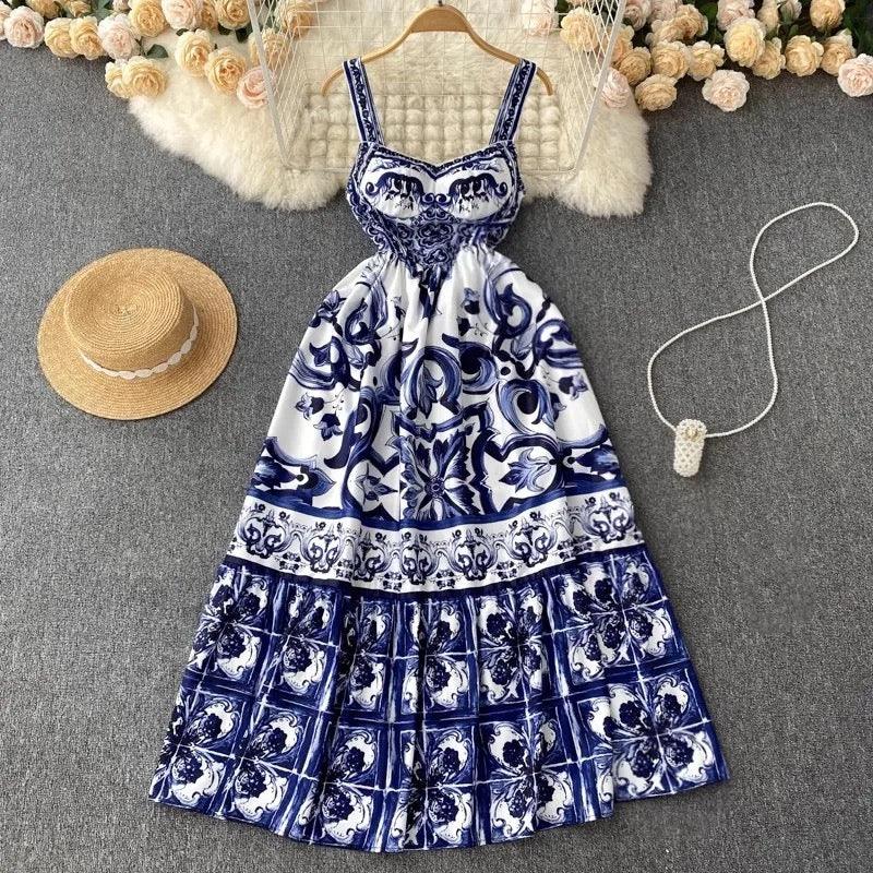 Manchester Porcelain Print Maxi Dress In Blue