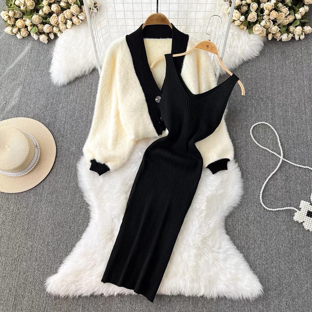 Zaisha Set of Dress and Cardigan In Beige