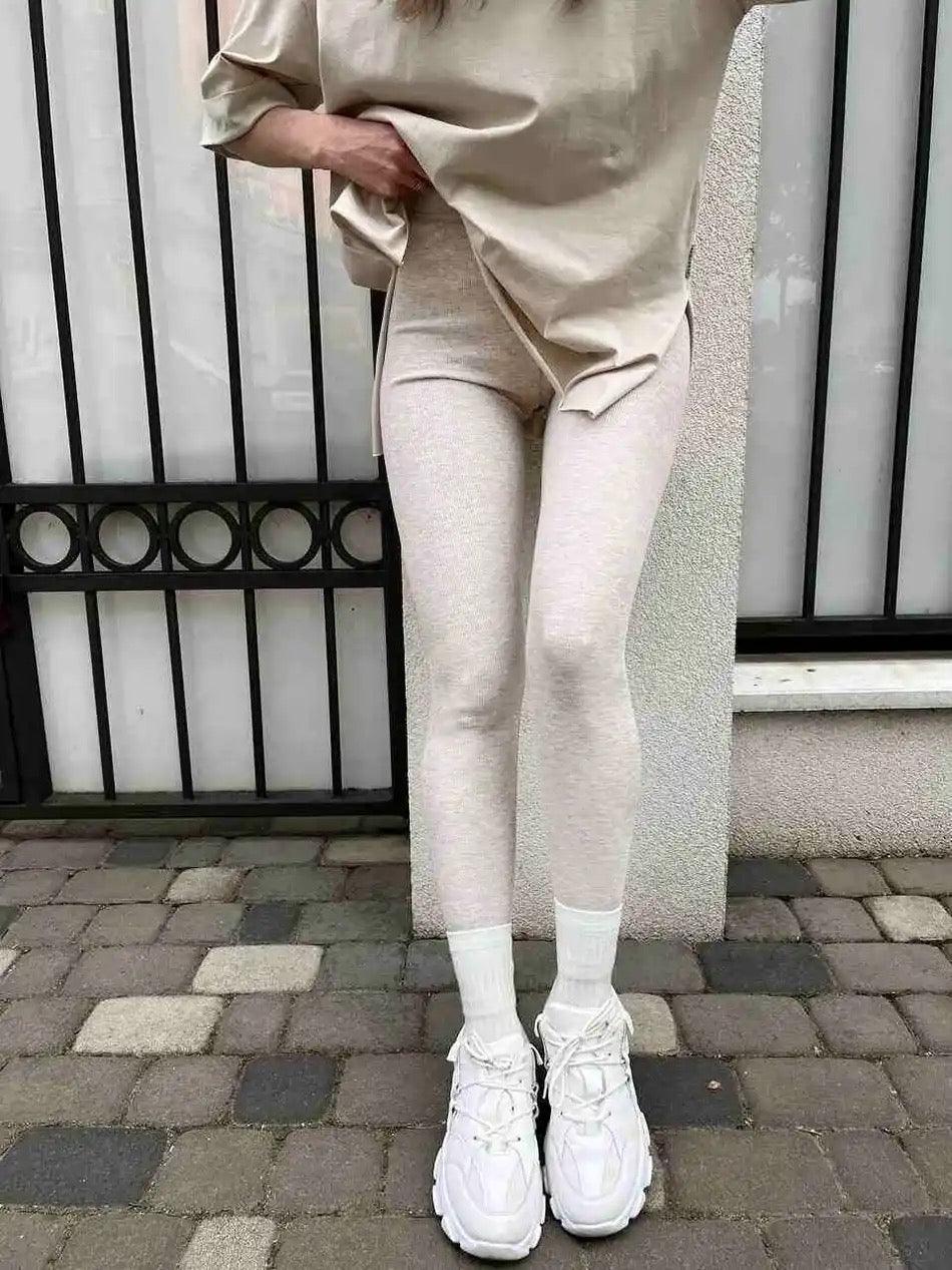 Lateno Premium Fleece Leggings In Beige