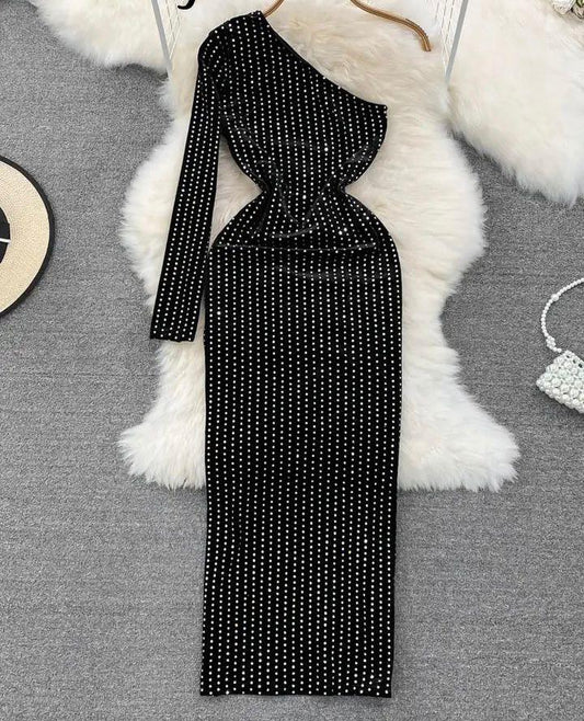 Anika Velvet Midi One Shoulder Dress In Black