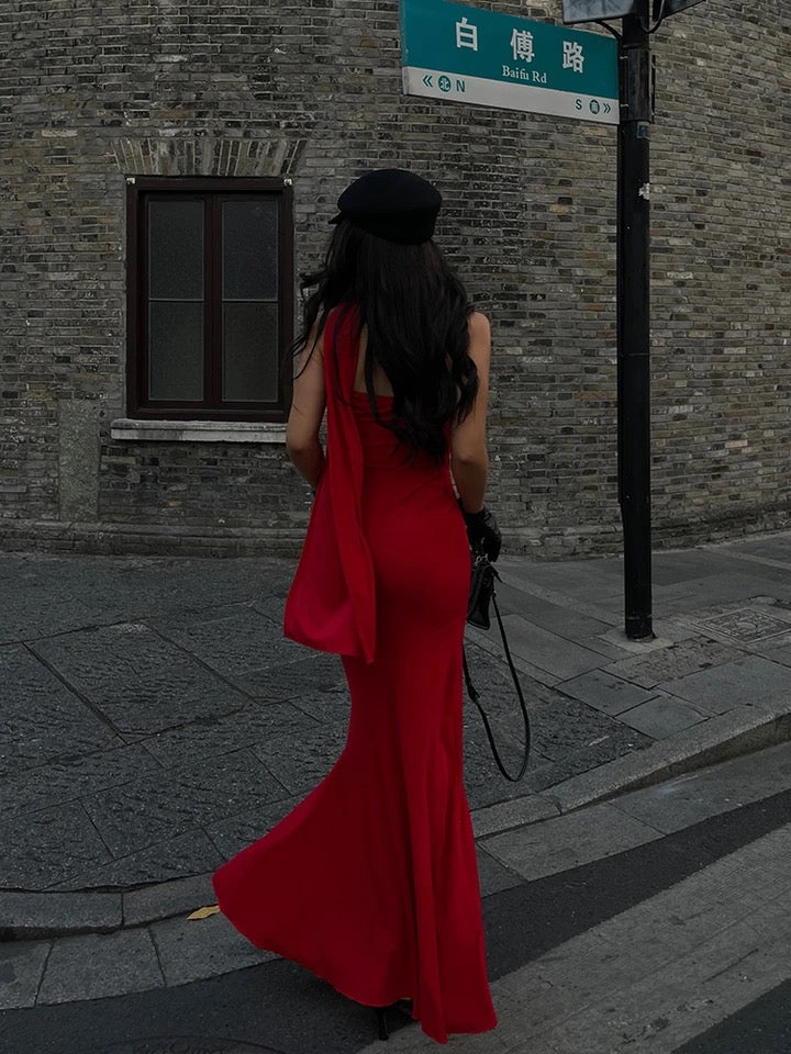 Alamea Offshoulder Statement Dress with Scarf in Red