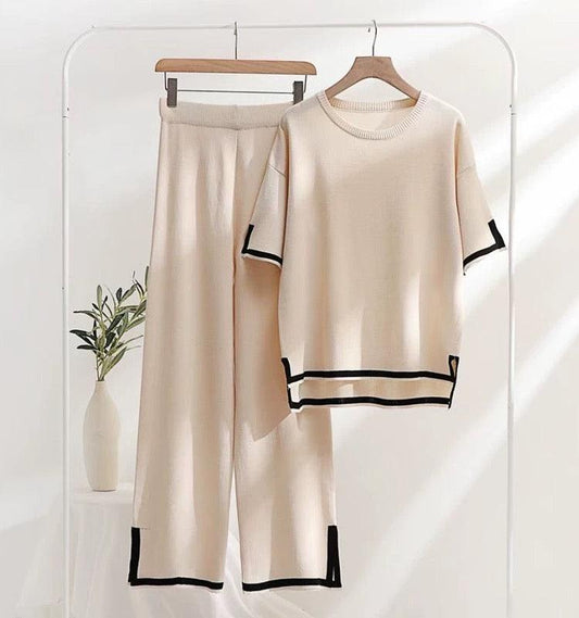 Flexxi Knitted Cotton Co-ord Set In Beige