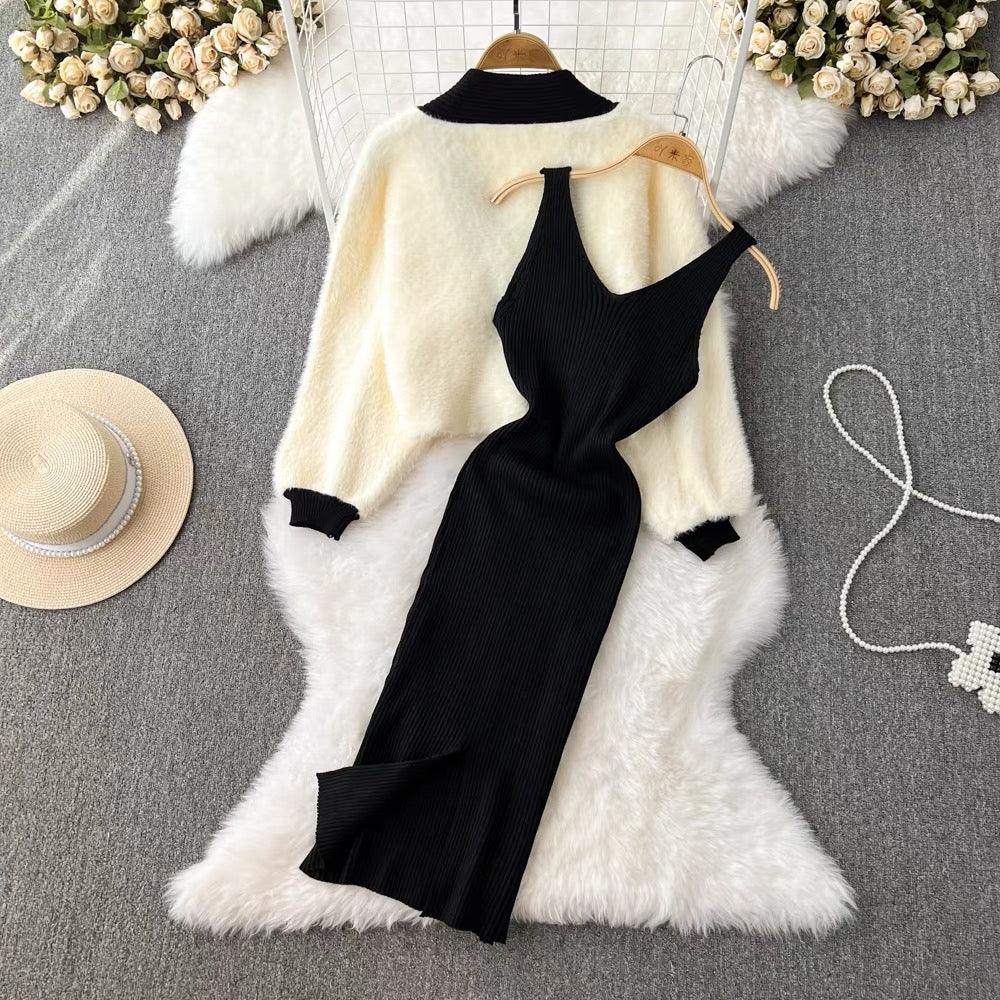 Zaisha Set of Dress and Cardigan In Beige