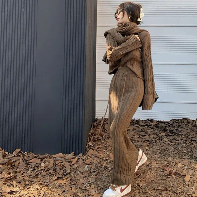 Tokyo Knitted 3PC Coord Set With Scarf In Brown