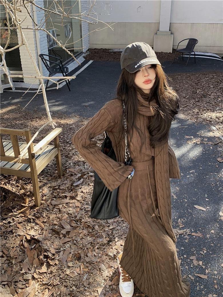 Tokyo Knitted 3PC Coord Set With Scarf In Brown