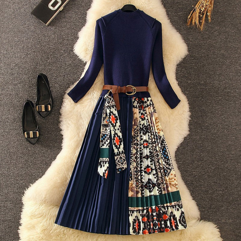 Bianca Pleated Woolen Dress with Belt