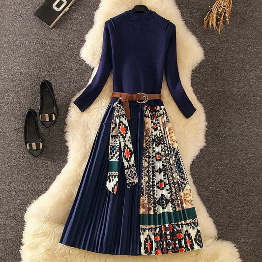 Bianca Pleated Woolen Dress with Belt