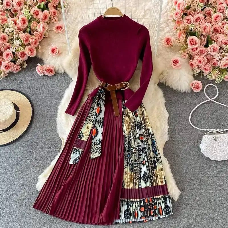 Bianca Pleated Woolen Dress with Belt In Maroon
