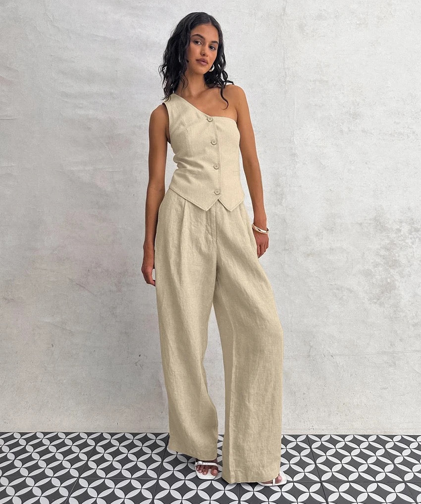 Boled Statement Vest Suit with Pants in Khaki