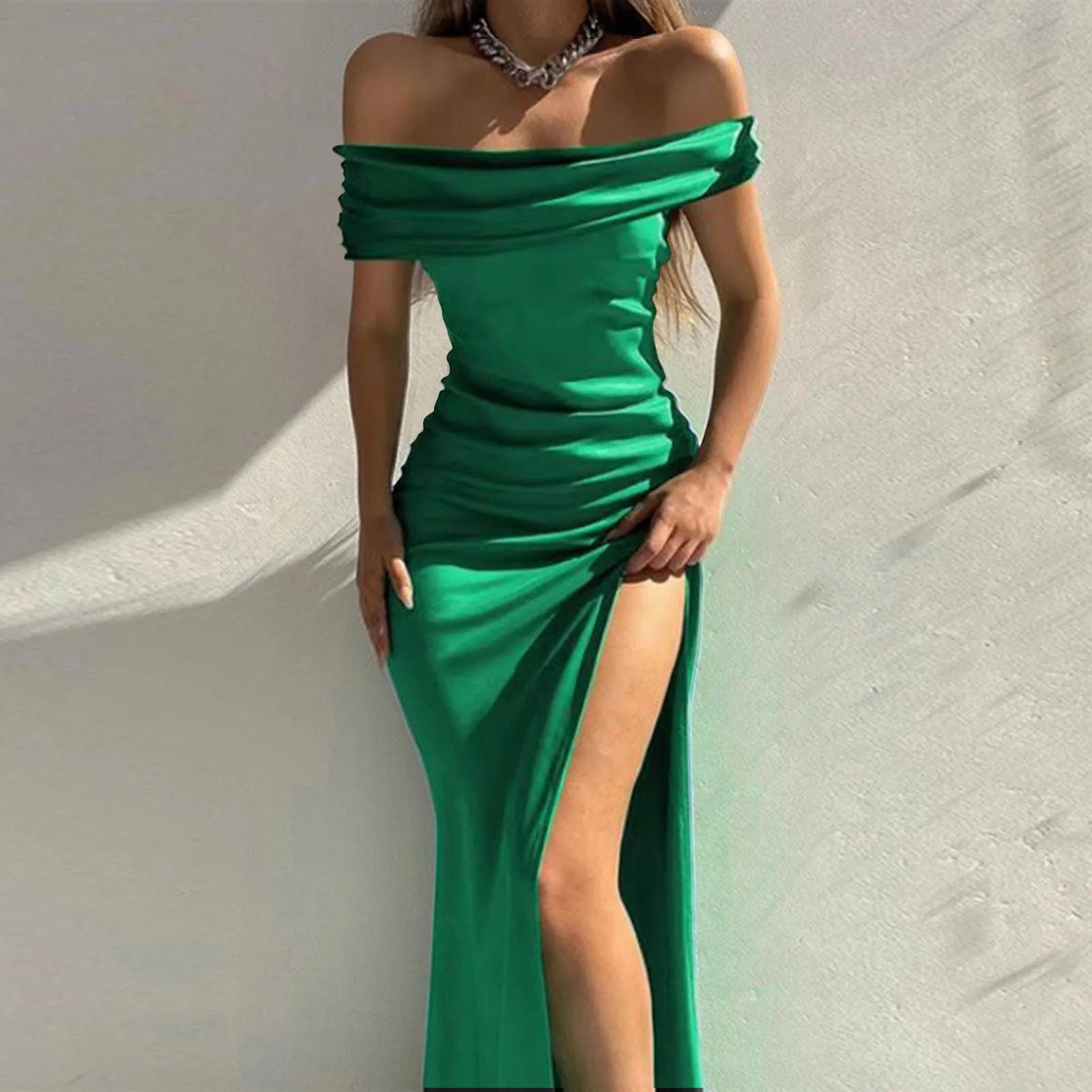 Mia Statement Satin Maxi Dress In Green