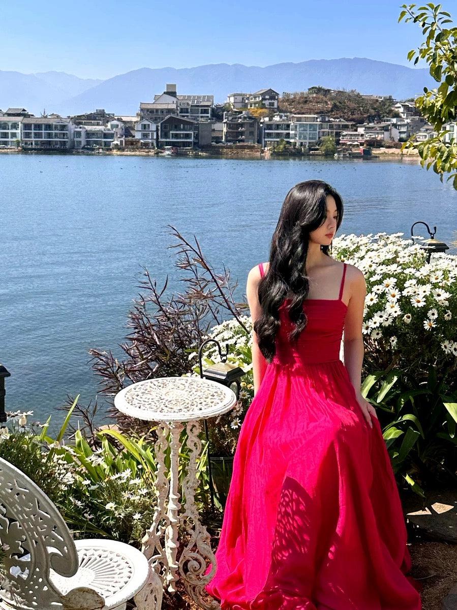 Zeus Hot Pink Maxi Dress In Red