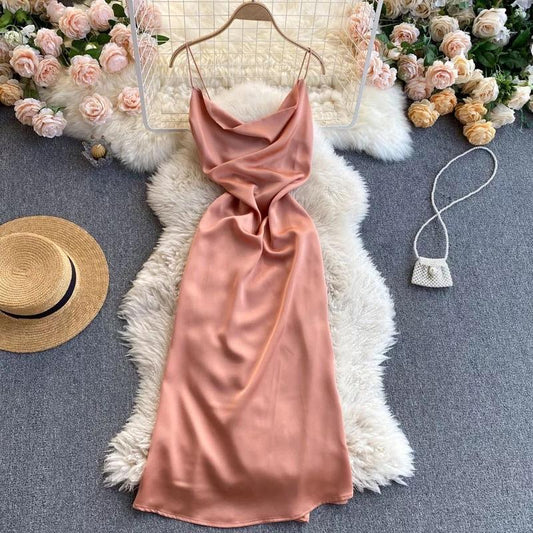 Clara Luxury Satin Dress In Peach