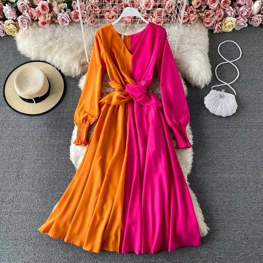 Colour Block Maxi Dress In Pink and Orange