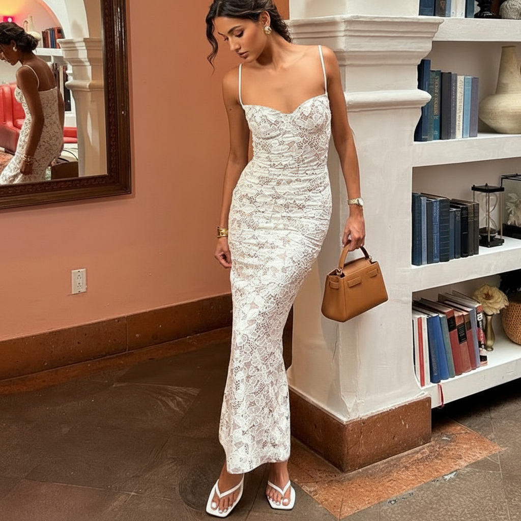 Diva Lace Bodycon Maxi Dress In White