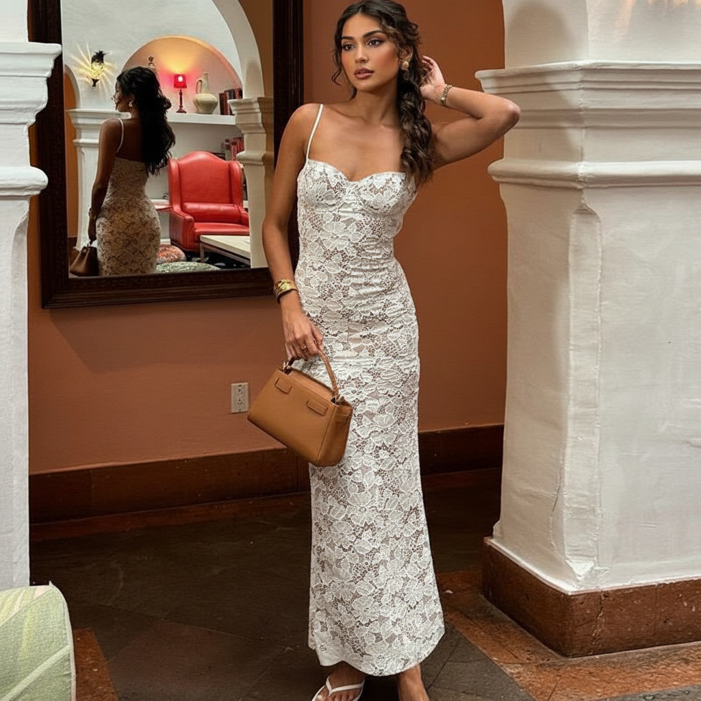 Diva Lace Bodycon Maxi Dress In White