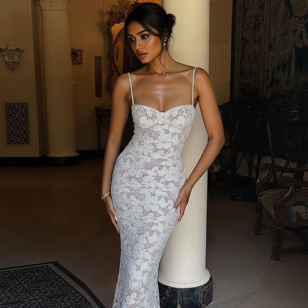 Diva Lace Bodycon Maxi Dress In White