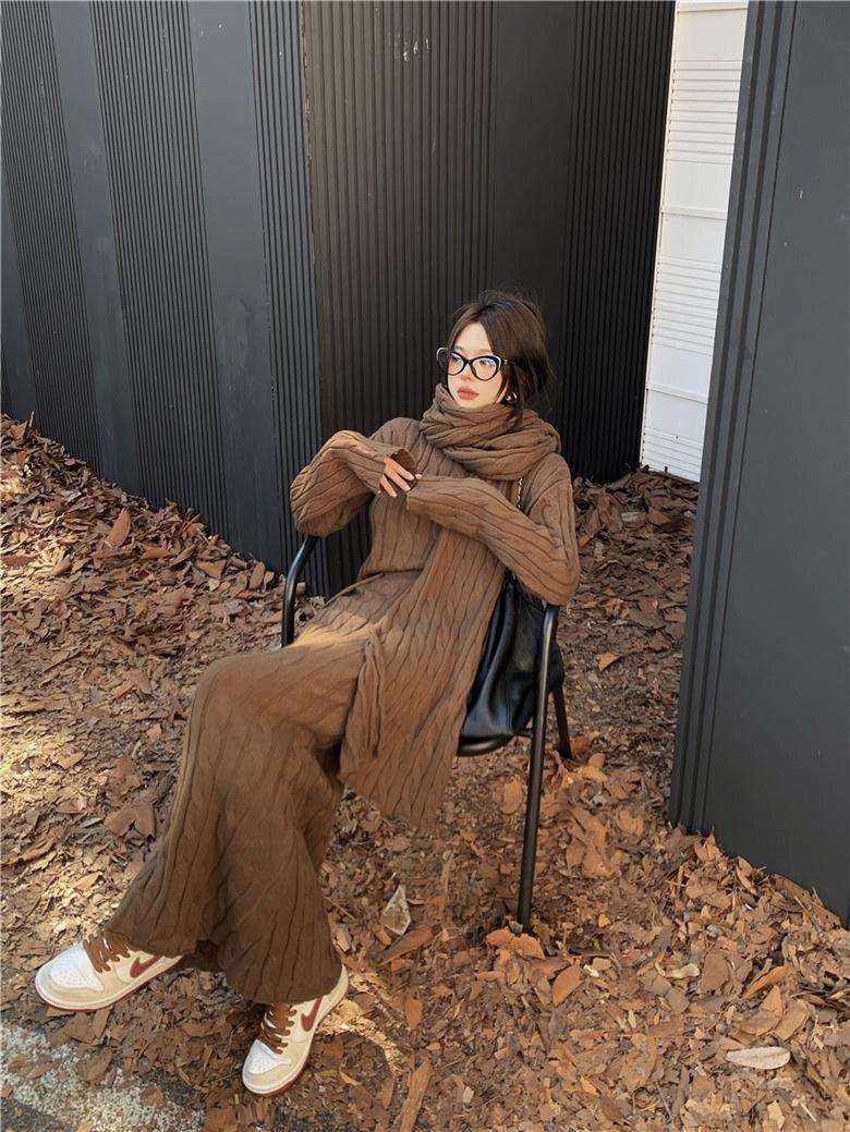 Tokyo Knitted 3PC Coord Set With Scarf In Brown