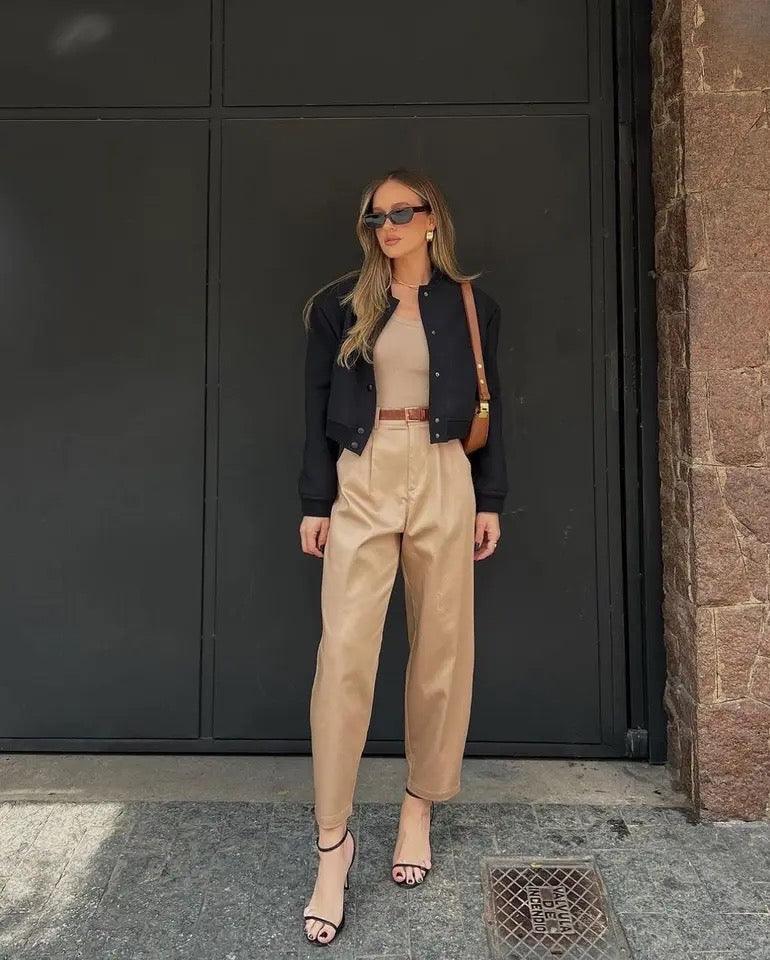 Yale High Waist Pants with Belt In Beige