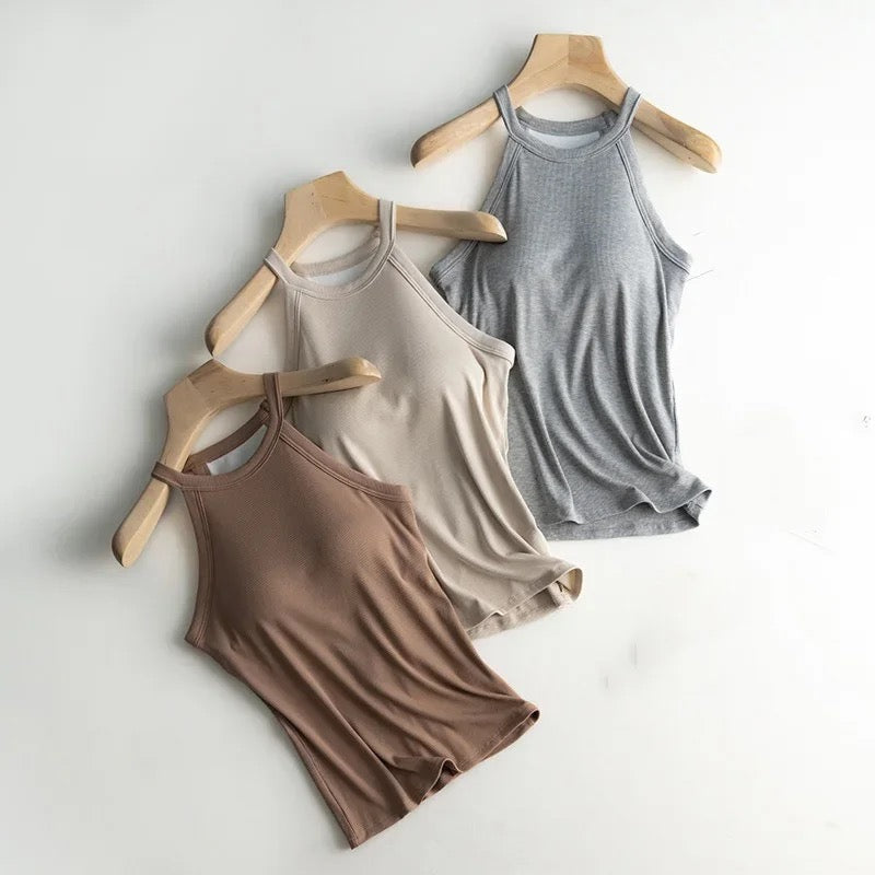 Dia Tank Tops with Inbuilt Bra In Beige