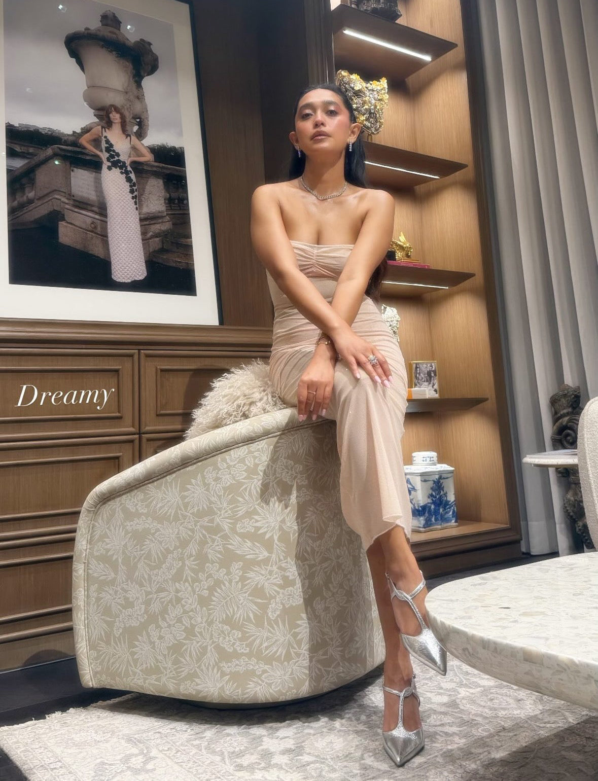 Lumia Offshoulder Sequined Party Dress In Beige