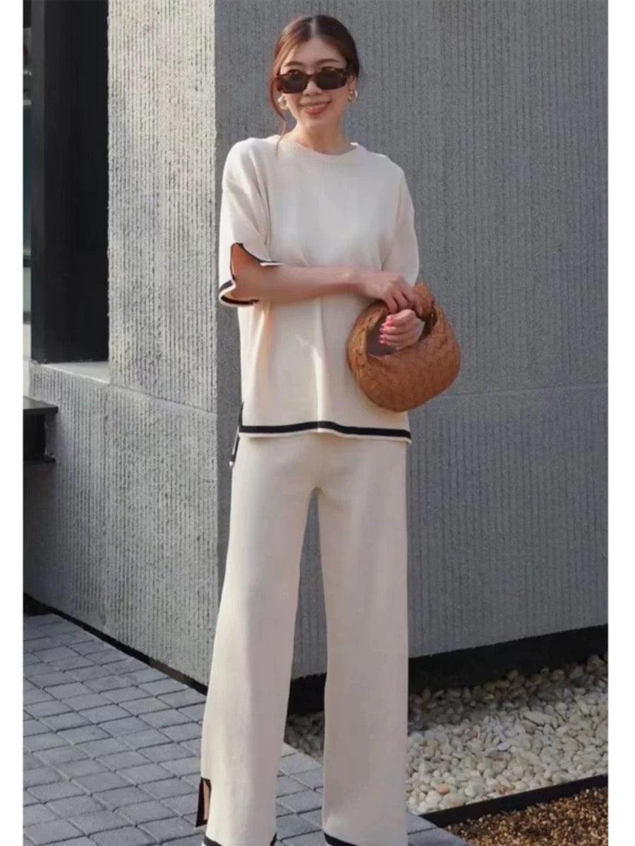 Flexxi Knitted Cotton Co-ord Set In Beige