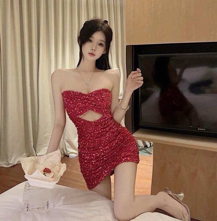 Fiona Sequinned Party Dress In Red