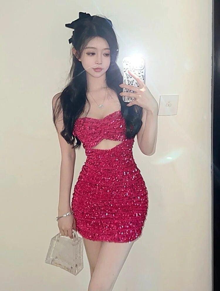 Fiona Sequinned Party Dress In Red