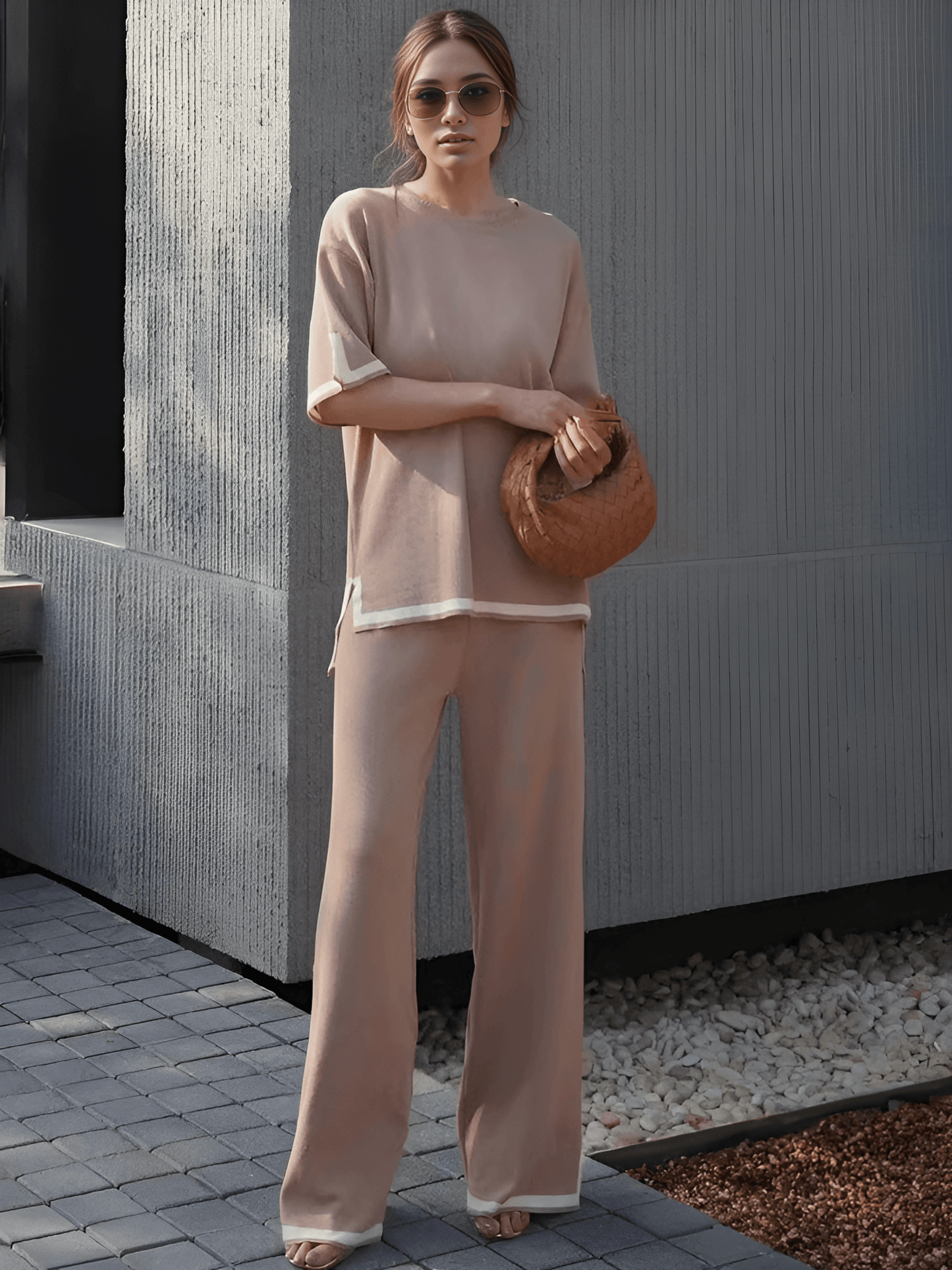 Flexxi Knitted Cotton Co-ord Set In Brown