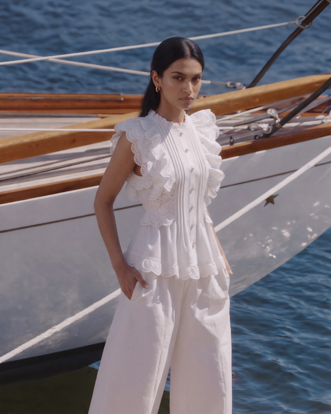 Alma Statement Summer Ruffled Top In White