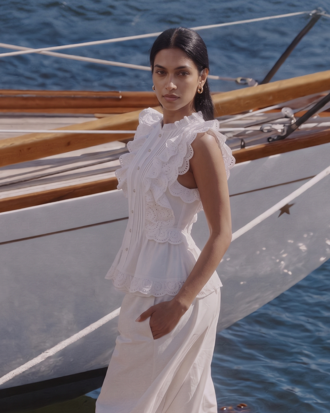 Alma Statement Summer Ruffled Top In White
