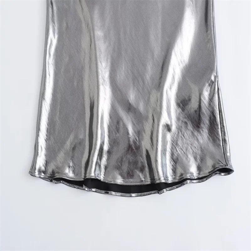 Helen Mettalic Halter Party Midi Dress In Sliver