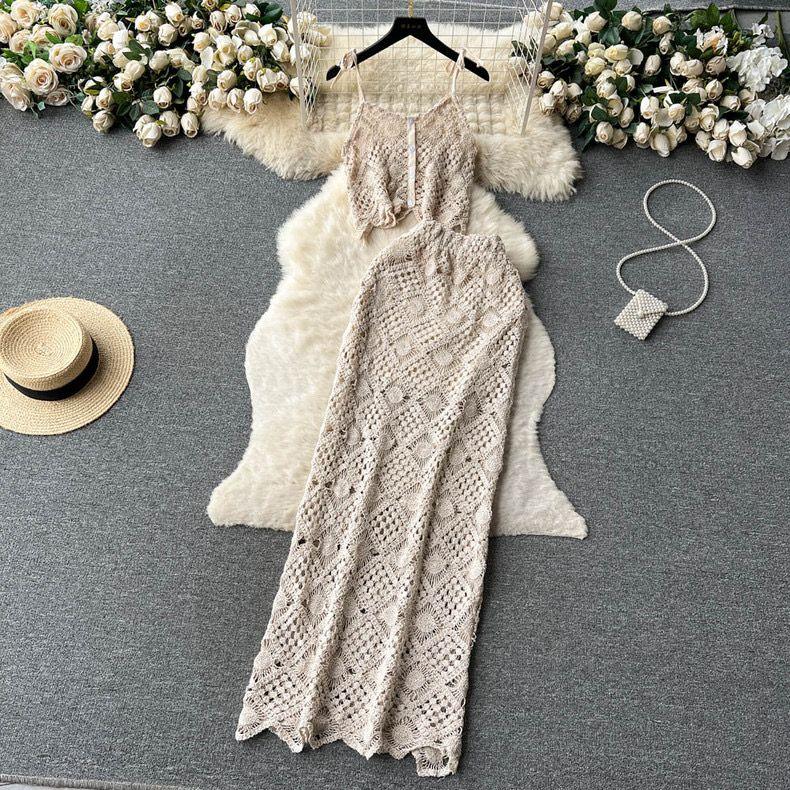 Salma Crochet Coord Set In Beige