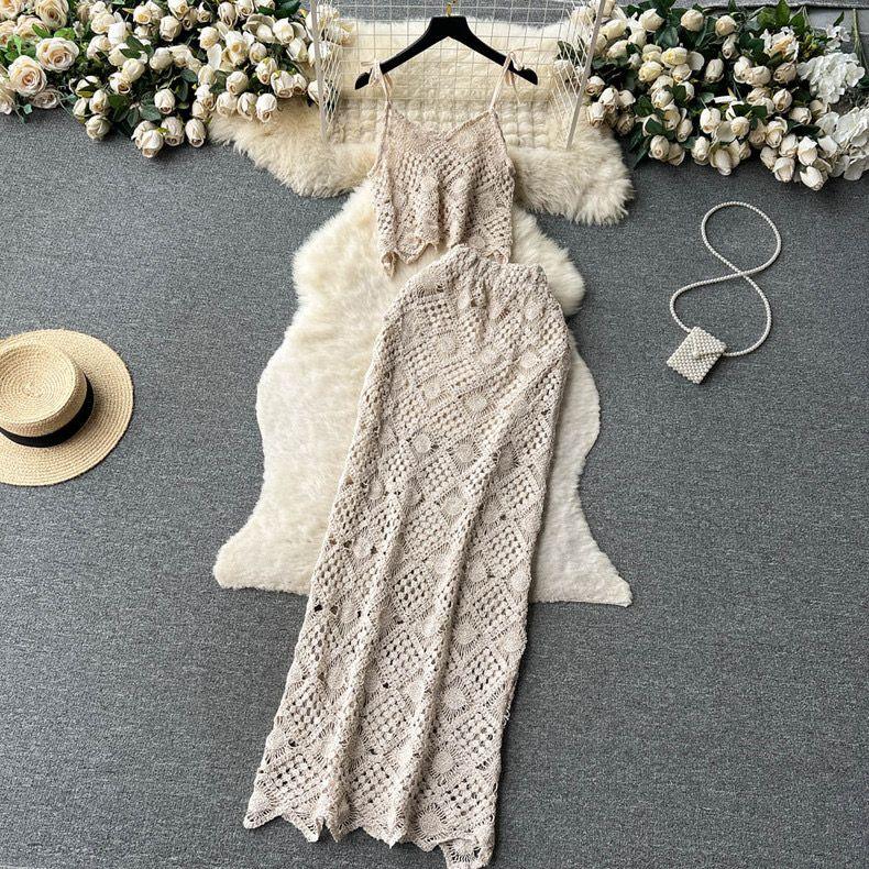 Salma Crochet Coord Set In Beige