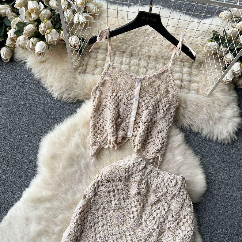 Salma Crochet Coord Set In Beige