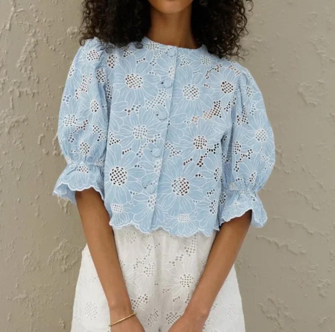 Coral Eyelet  Summer Top In Blue