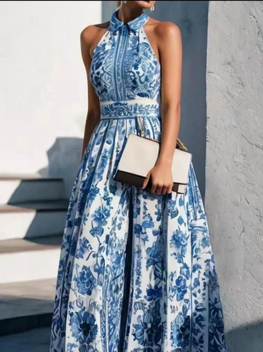 Saffron Halterneck Floral Maxi Dress In Blue