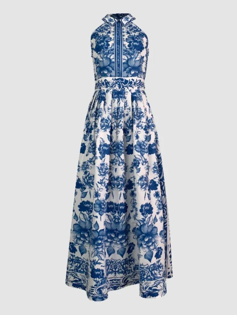 Saffron Halterneck Floral Maxi Dress In Blue