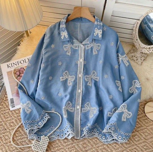 Lumi Premium Embroidered Cotton Shirt In Blue