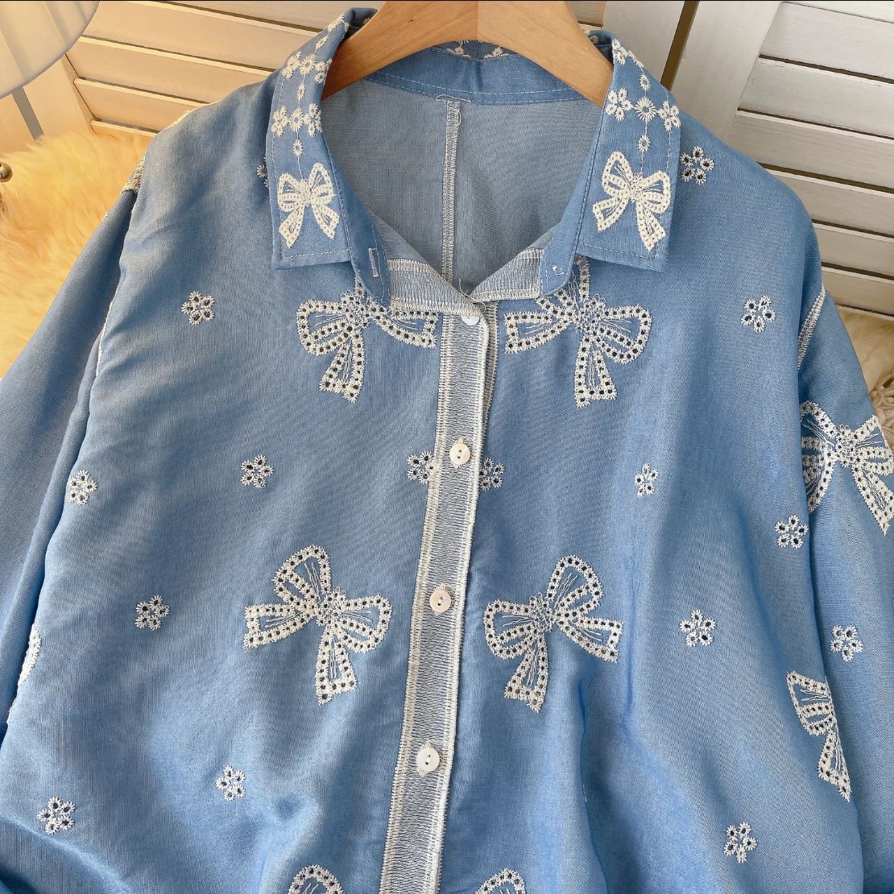 Lumi Premium Embroidered Cotton Shirt In Blue