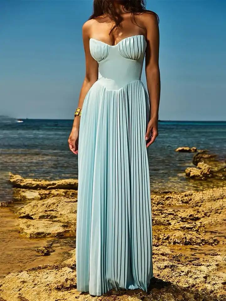 Mary Offshoulder Pleated Maxi Dress In Blue