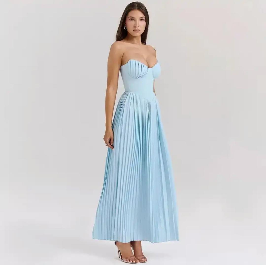 Mary Offshoulder Pleated Maxi Dress In Blue