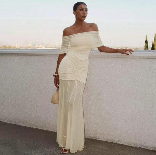 Cosmic Offshoulder Ruched Maxi Dress In Off-White