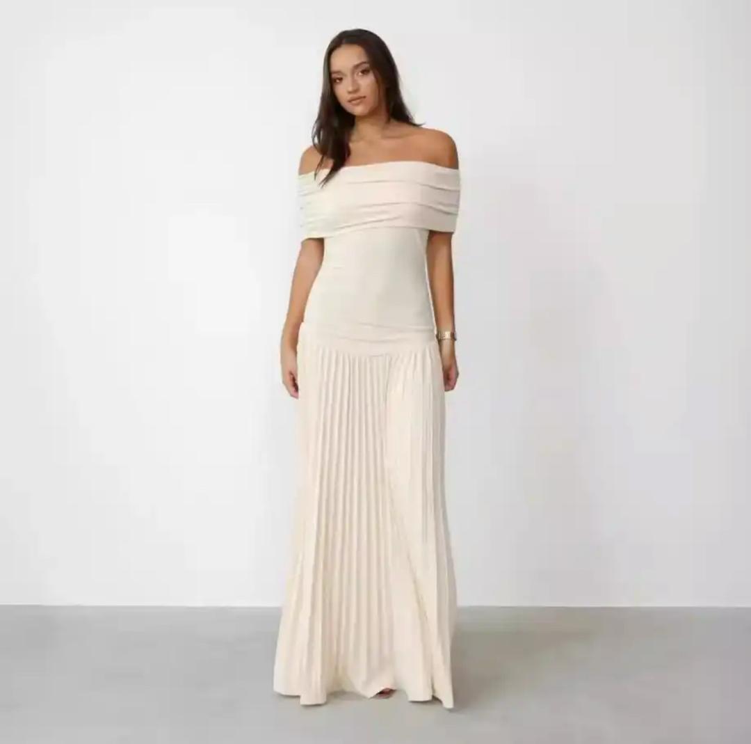 Femi Offshoulder Pleated Maxi Dress In Off-White