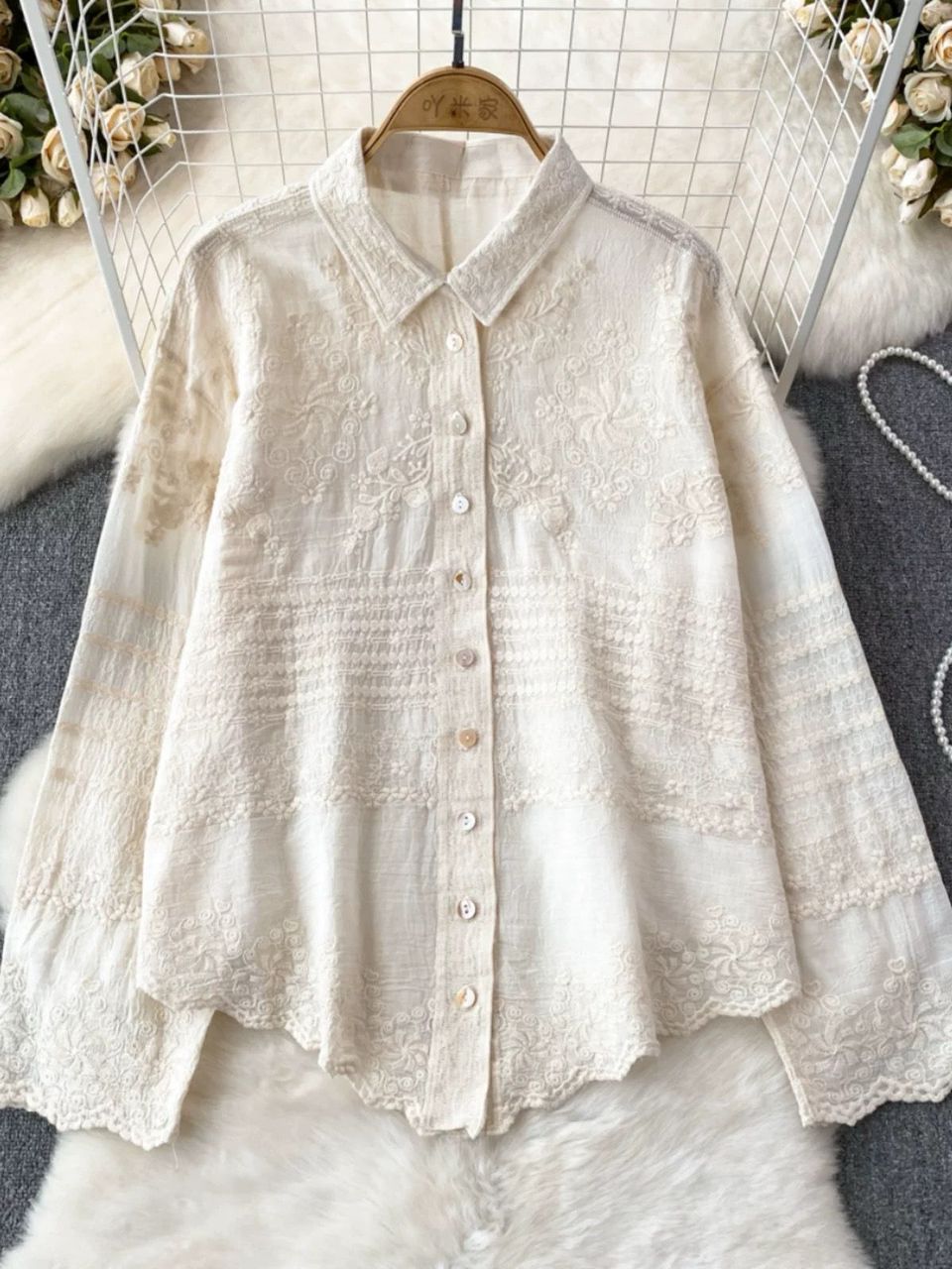 Fory Premium Embroidered Cotton Shirts In Beige