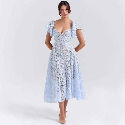 Tena Luxury Lace Midi Dress In Blue