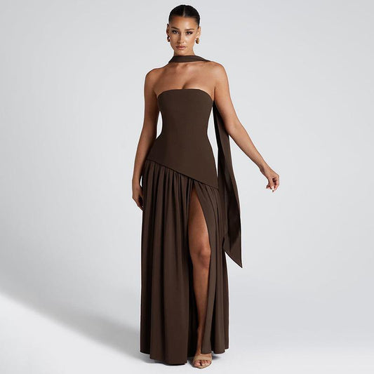 Sofiya Offshoulder Slit Maxi Dress With Scarf In Dark Brown