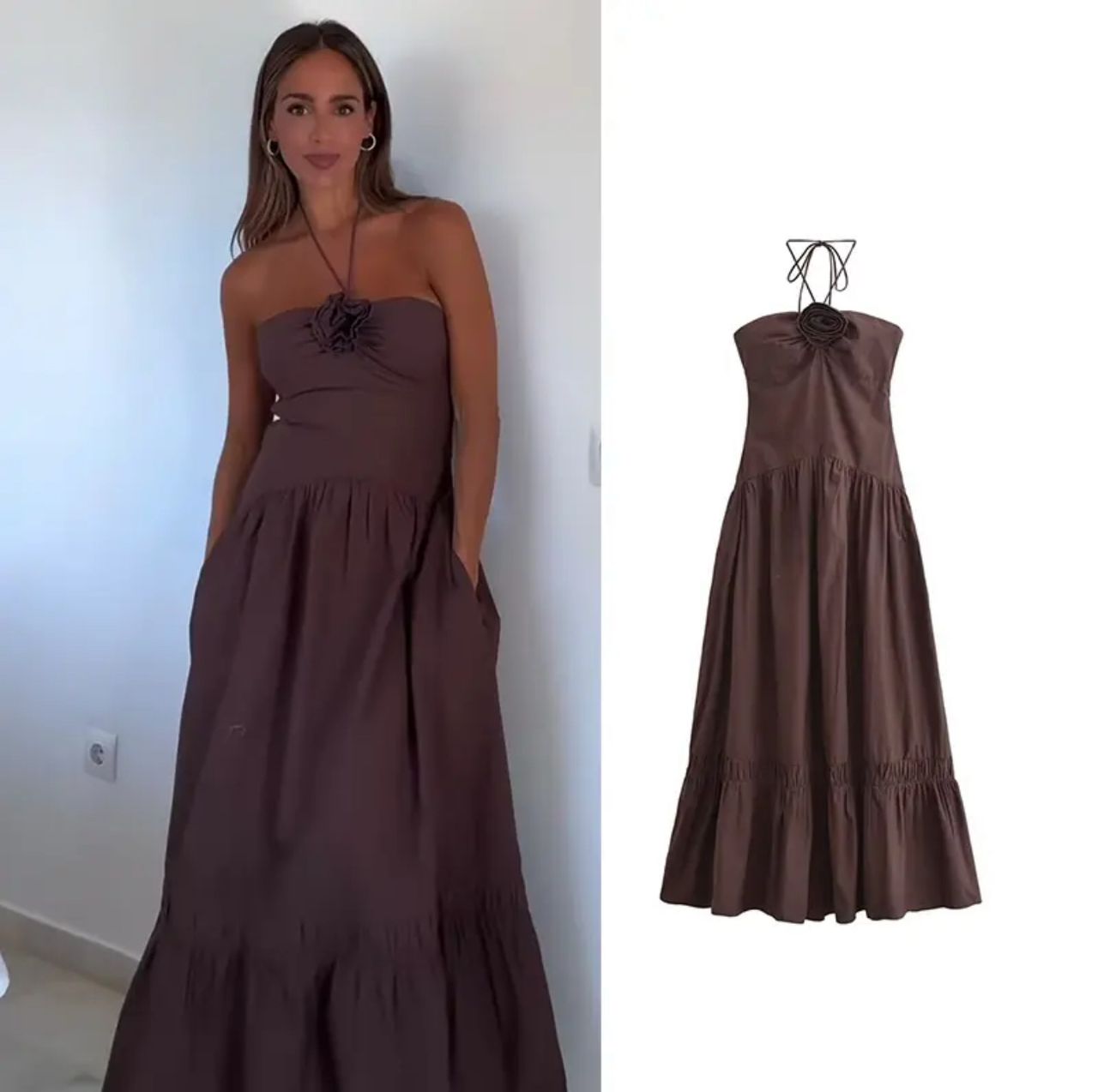 Delma Rosette Holiday Maxi Dress In Brown