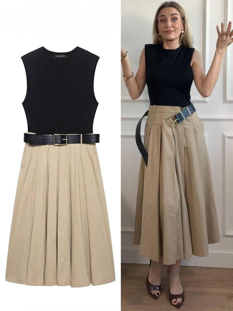 Lucy Luxe Elegant Pleated Dress With Belt In Black