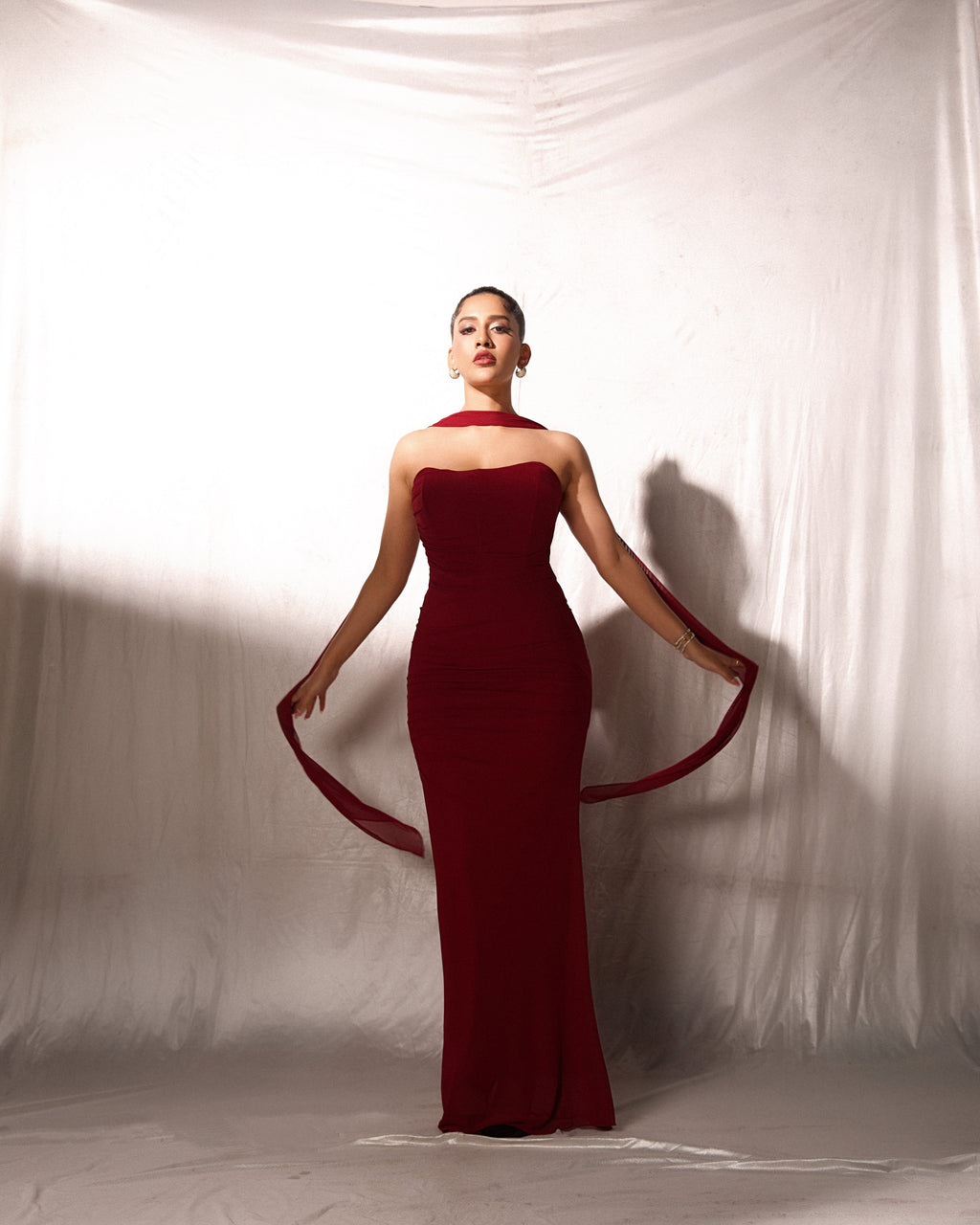 Alara Summer Set of Top And Skirt With Scarf In Maroon